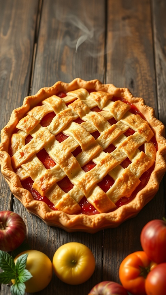 Easy 9x13 Pie Crust Recipe A golden brown 9x13 pie with a flaky crust and fruit filling on a wooden table.